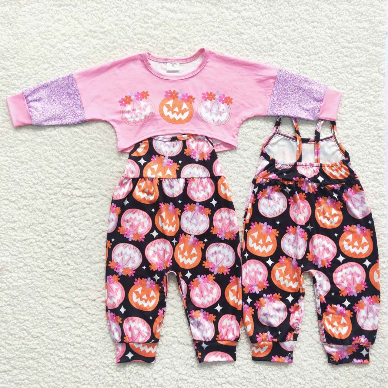 GLP0686 Halloween Pink Pumpkin Jumpsuit Overall Girls Long Sleeve Bell Bottom Pants Outfits