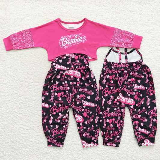 GLP0685 B Cartoon Pink Jumpsuit Overall Girls Long Sleeve Bell Bottom Pants Outfits