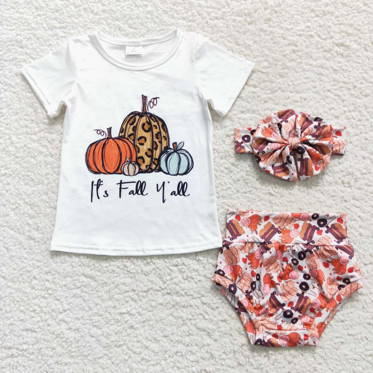 GBO0182 Halloween Pumpkin Fall With Bow 3pcs Girls Short Sleeve Bummies Outfits