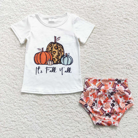 GBO0182 Halloween Pumpkin Fall With Bow 3pcs Girls Short Sleeve Bummies Outfits