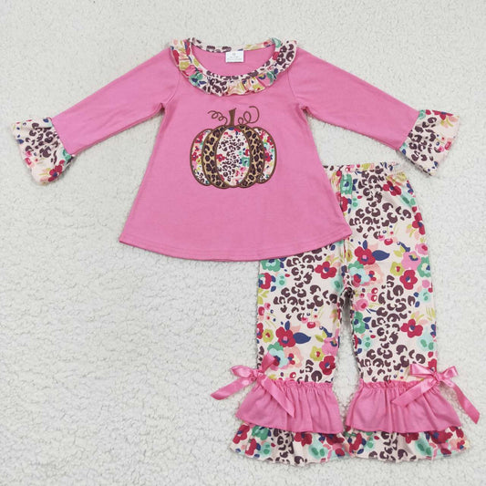 GLP0626  Halloween Pink Leopard Floral  Embroidery Girls Long Sleeve Pants Outfits