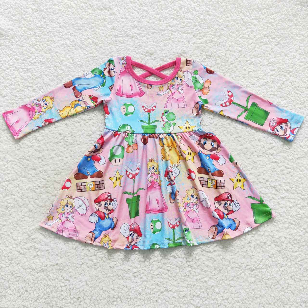 GLD0324 Christmas Pink Cartoon  Girls Long Sleeve Dresses