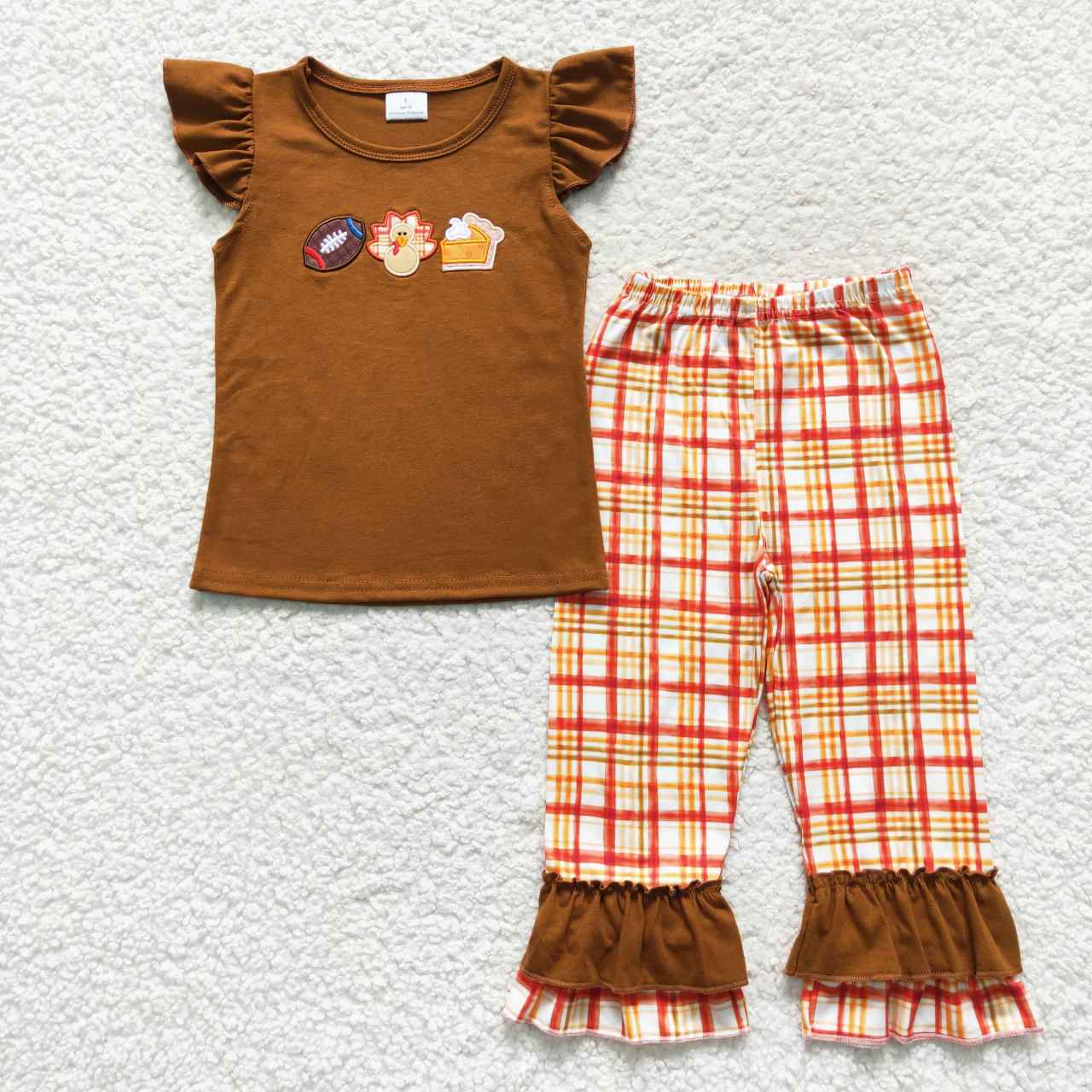 GSPO0759 Thanksgiving Turkey Orange Embroidery Girls Short Sleeve Pants Outfits