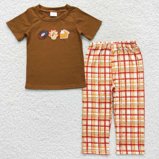 BSPO0143 Thanksgiving Turkey Orange Embroidery Boys Short Sleeve Pants Outfits