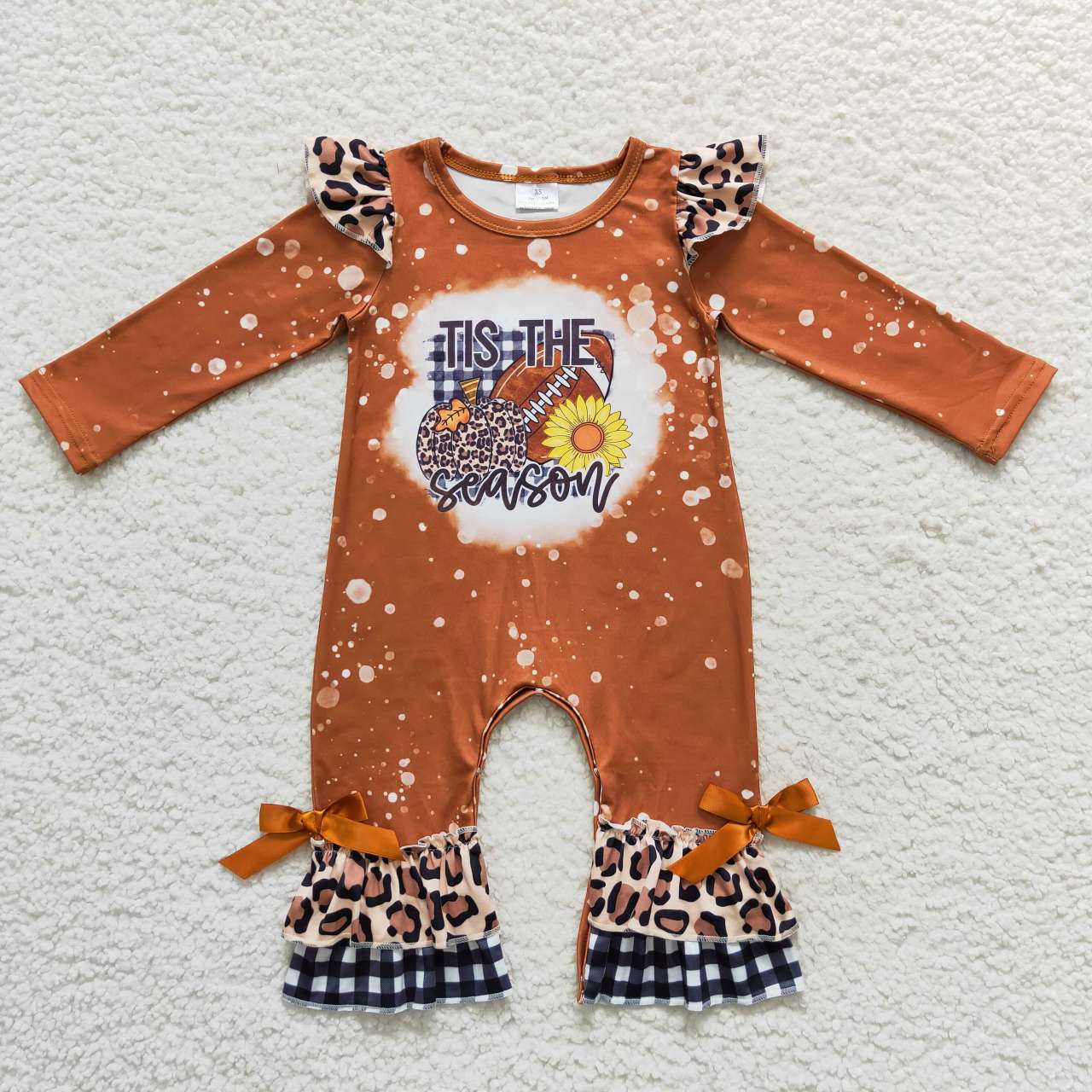 LR0611 Tis The Season Pumpkin Halloween Leopard Sunflower  Girls Long Sleeve Romper