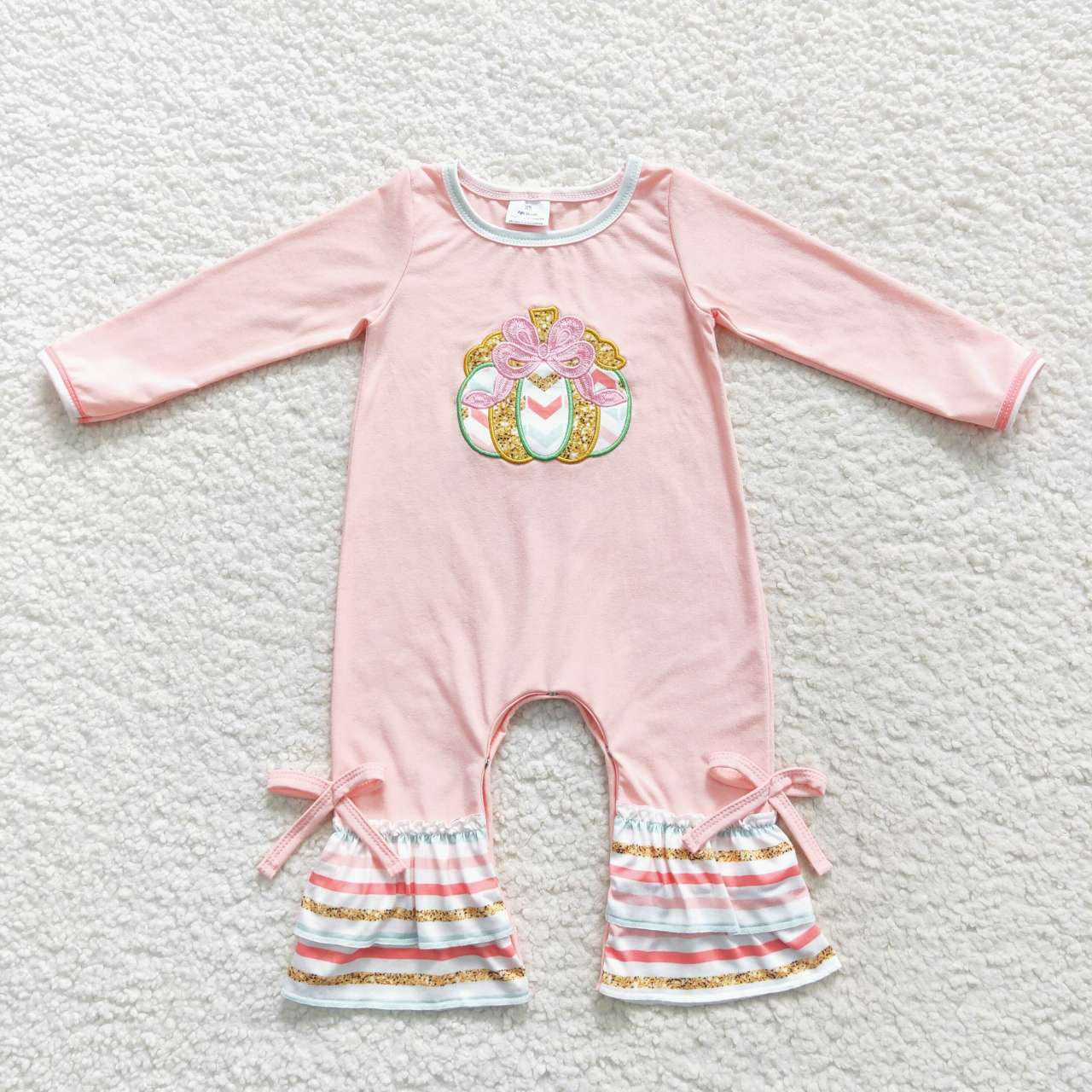 LR0402 Halloween Pumpkin Pink Embroidery Girls Long Sleeve Romper