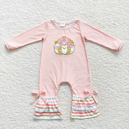 LR0402 Halloween Pumpkin Pink Embroidery Girls Long Sleeve Romper