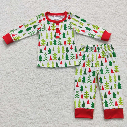 BLP0312  Christmas Red Green Tree Boys Long Sleeve Pants Outfits Pajamas