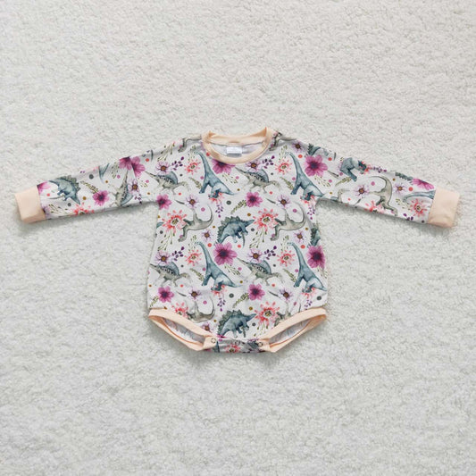 LR0436 Pink Floral Dinosaur Girls Long Sleeve Romper