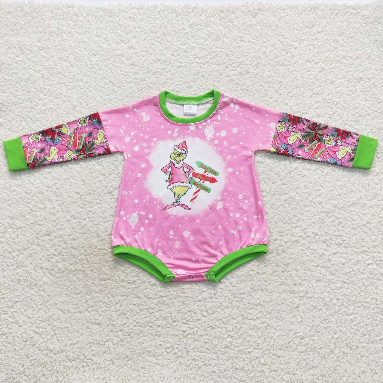 LR0439 Christmas Pink Green Cartoon Girls Long Sleeve Romper