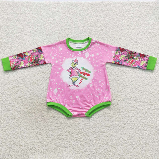 LR0439 Christmas Pink Green Cartoon Girls Long Sleeve Romper