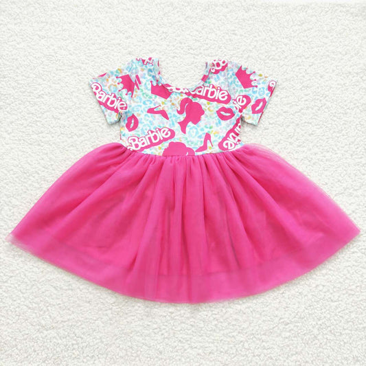 GSD0462 Pink B Cartoon Tulle Tutu Girls Short Sleeve Dresses