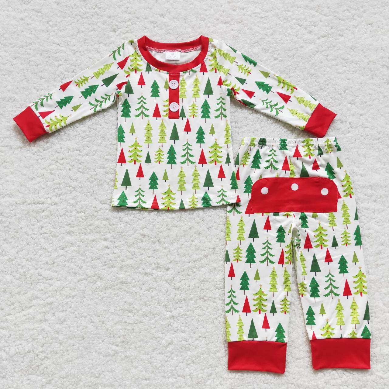 BLP0312  Christmas Red Green Tree Boys Long Sleeve Pants Outfits Pajamas