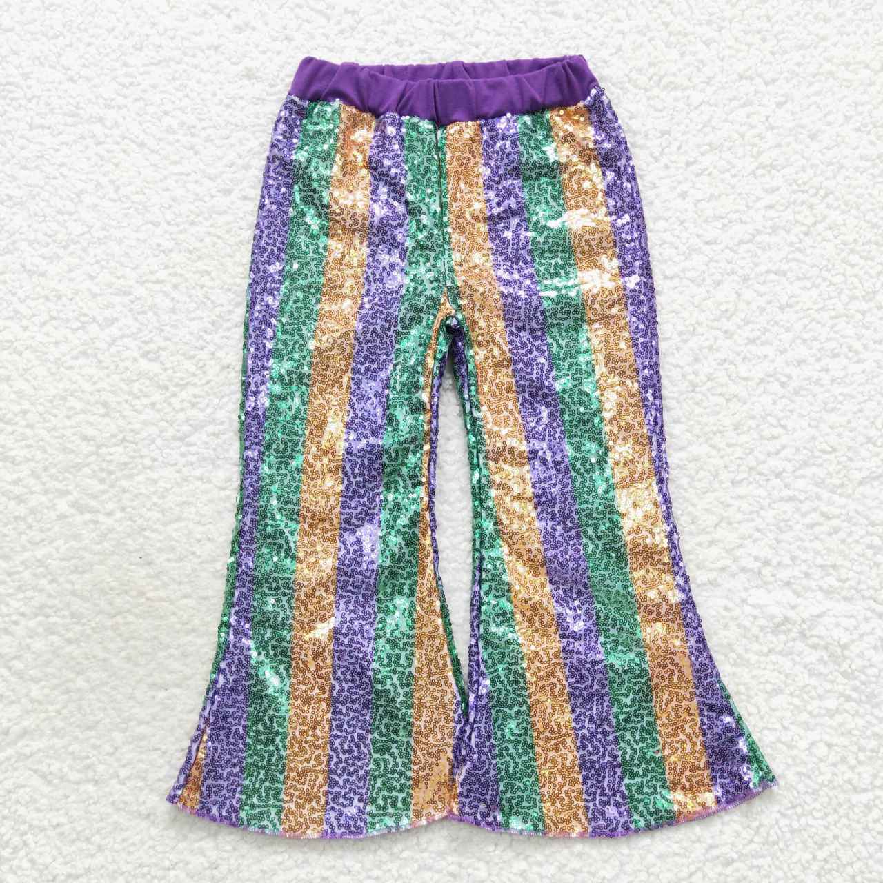 P0277  Purple Golden Green Stripes Sequin Bell-bottom Kids Long Pants