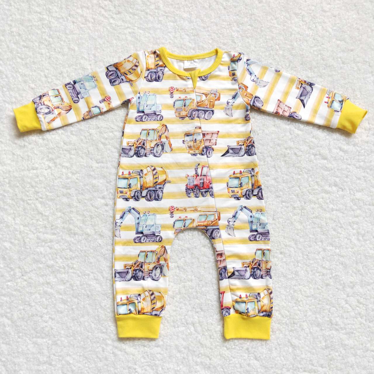 LR0569 Yellow Truck Car Zipper Girls Long Sleeve Romper