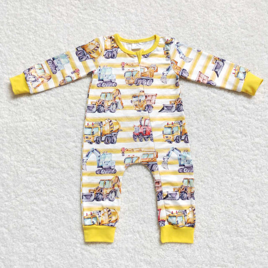 LR0569 Yellow Truck Car Zipper Girls Long Sleeve Romper