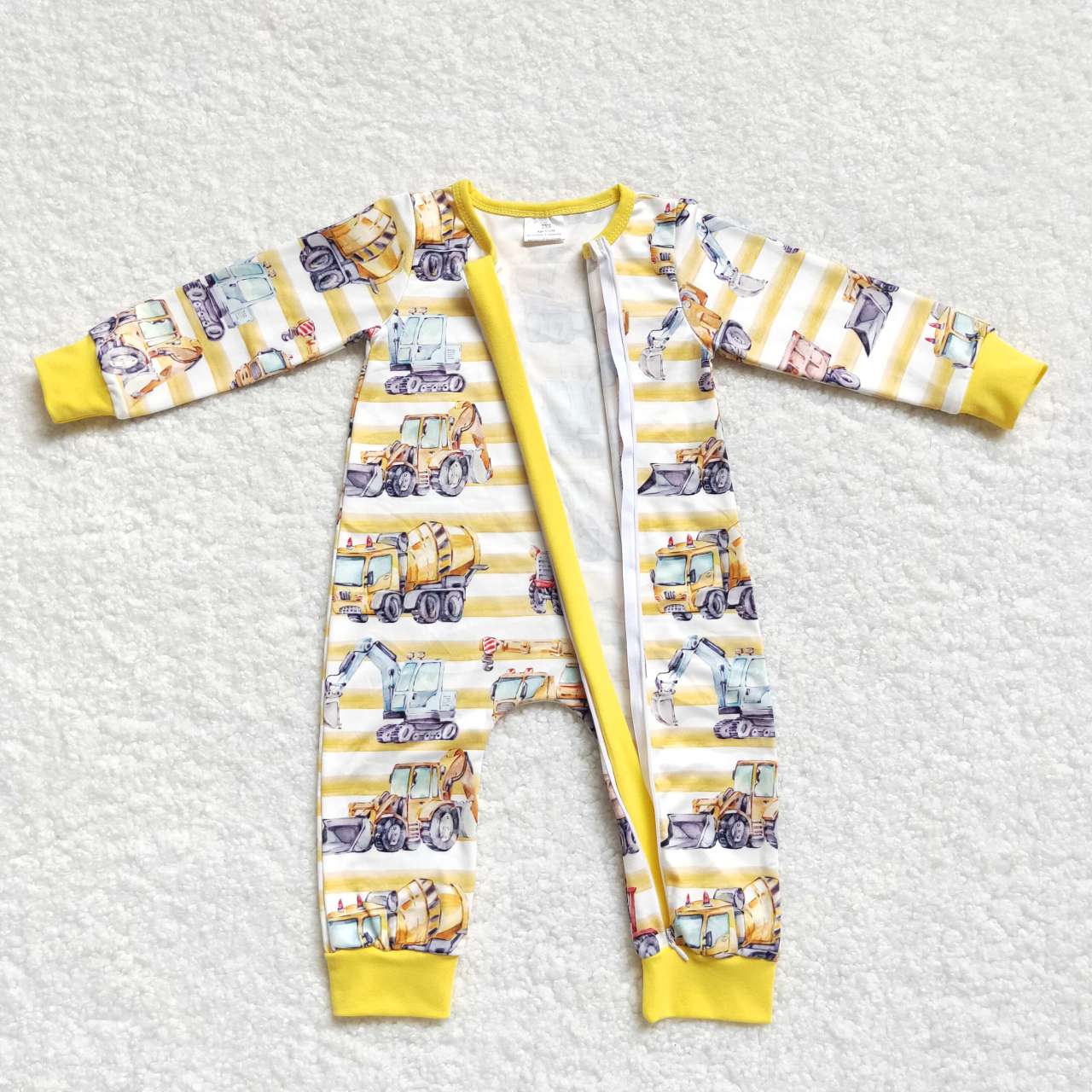 LR0569 Yellow Truck Car Zipper Girls Long Sleeve Romper