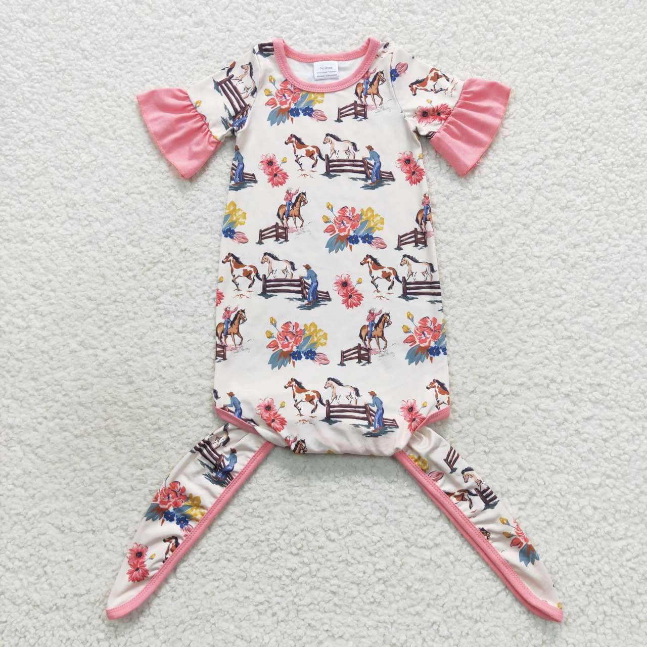 NB0021 Pink Horse Cowboy Girls Short Sleeve Newborn Night Robe