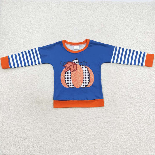 BT0243 Halloween Blue Pumpkin Boys Long Sleeve Top T-shirts