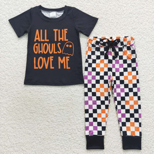 BSPO0160 Halloween Black All the ghouls love me  Boys Short Sleeve Pants Outfits