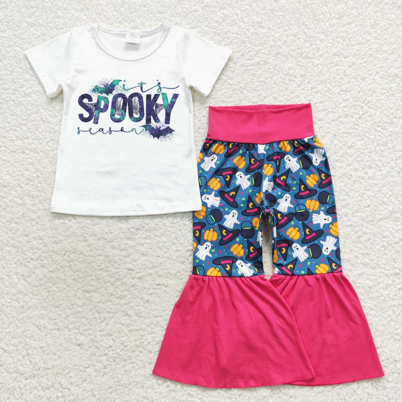 GSPO0800 Halloween Pumpkin Pink Spooky Girls Short Sleeve Bell Bottom Pants Outfits