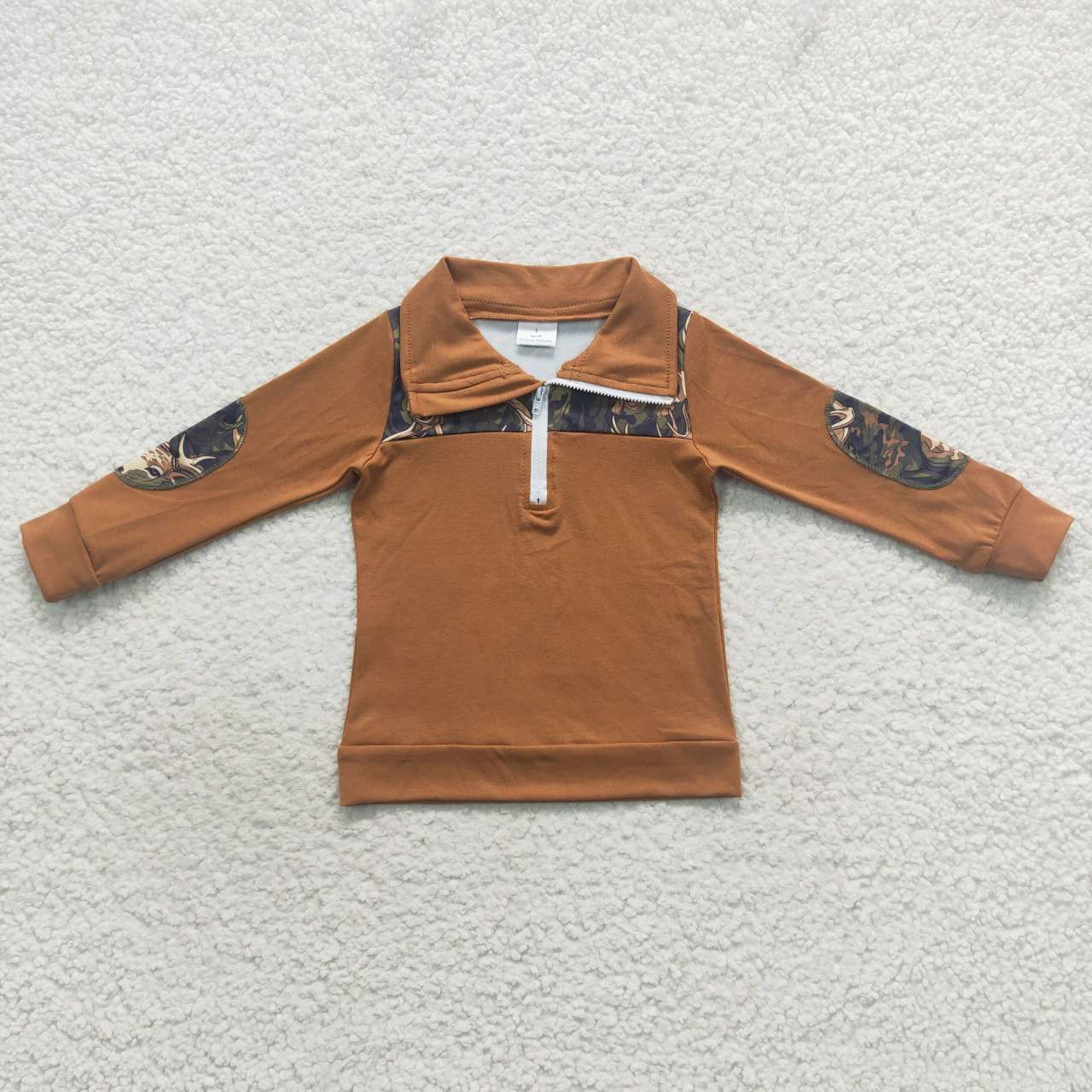 BT0305 Deer Brown Leaf Leaves Camo Boys Long Sleeve Top Collar Polo Pullover T-Shirts