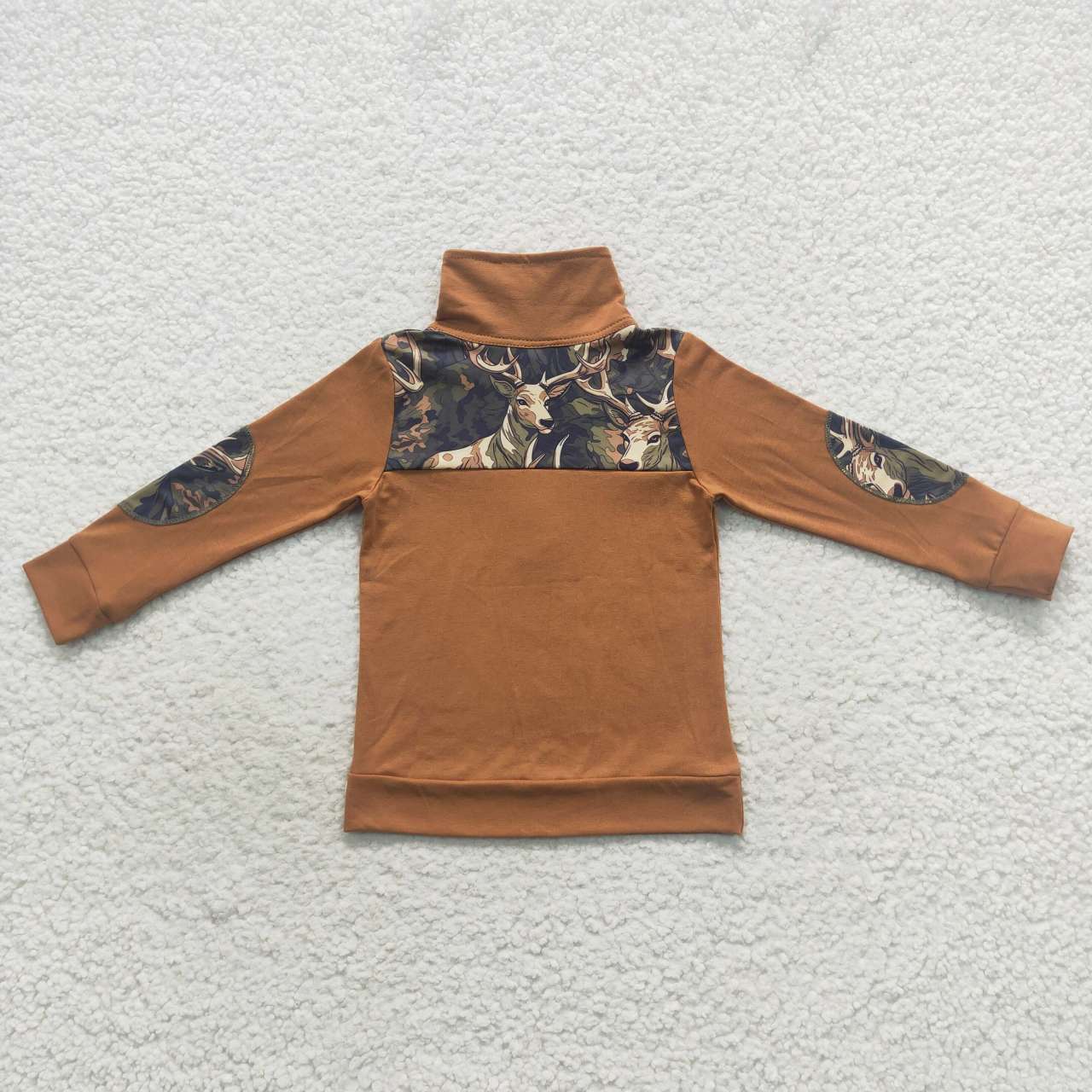 BT0305 Deer Brown Leaf Leaves Camo Boys Long Sleeve Top Collar Polo Pullover T-Shirts