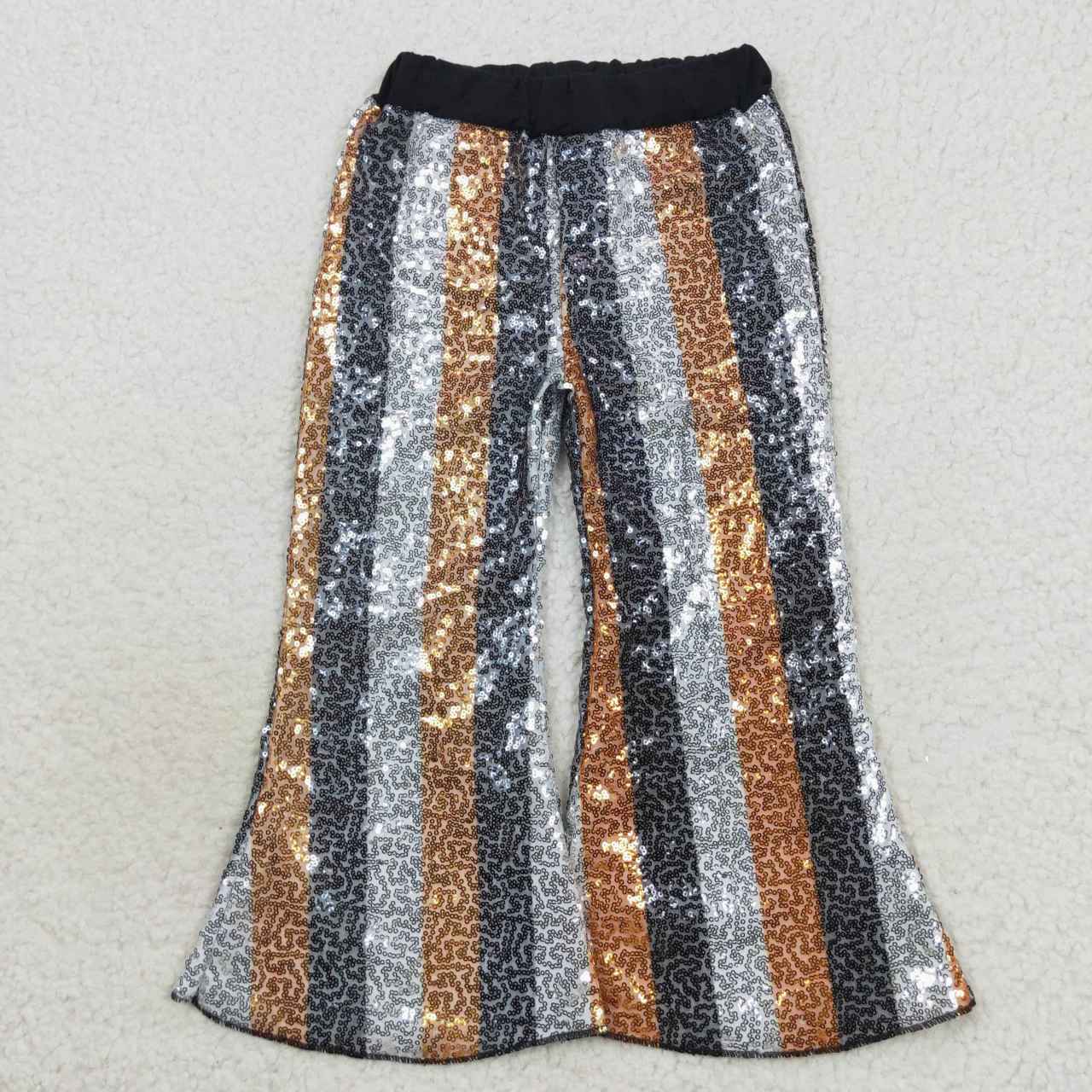 P0278 Black Golden Stripes Sequin Bell-bottom Kids Long Pants