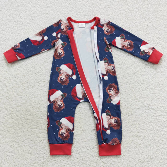 LR0597 Christmas Red Cow Zipper Girls Long Sleeve Romper