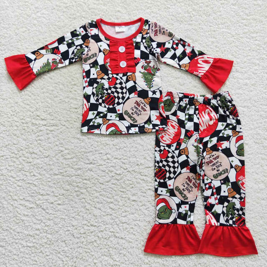 GLP0514  Christmas Red Green Cartoon Girls Long Sleeve Pants Outfits Pajamas