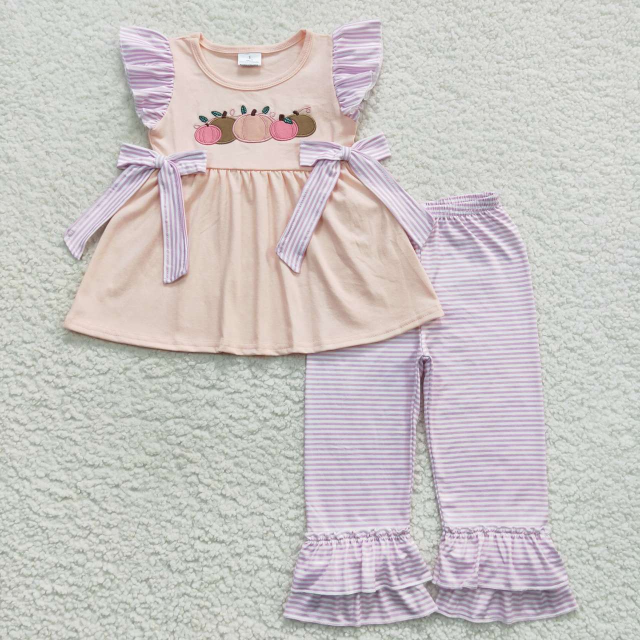 GSPO0783 Halloween Pumpkin Purple Embroidery Girls Short Sleeve Pants Outfits