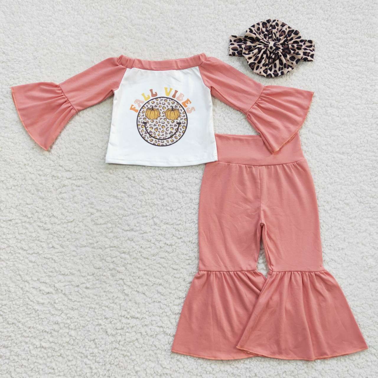 GLP0624 Halloween Pink Fall Vibes Leoaprd pumpkin With Bow 3Pcs Headband Girls Short Sleeve Bell Bottom Pants Outfits