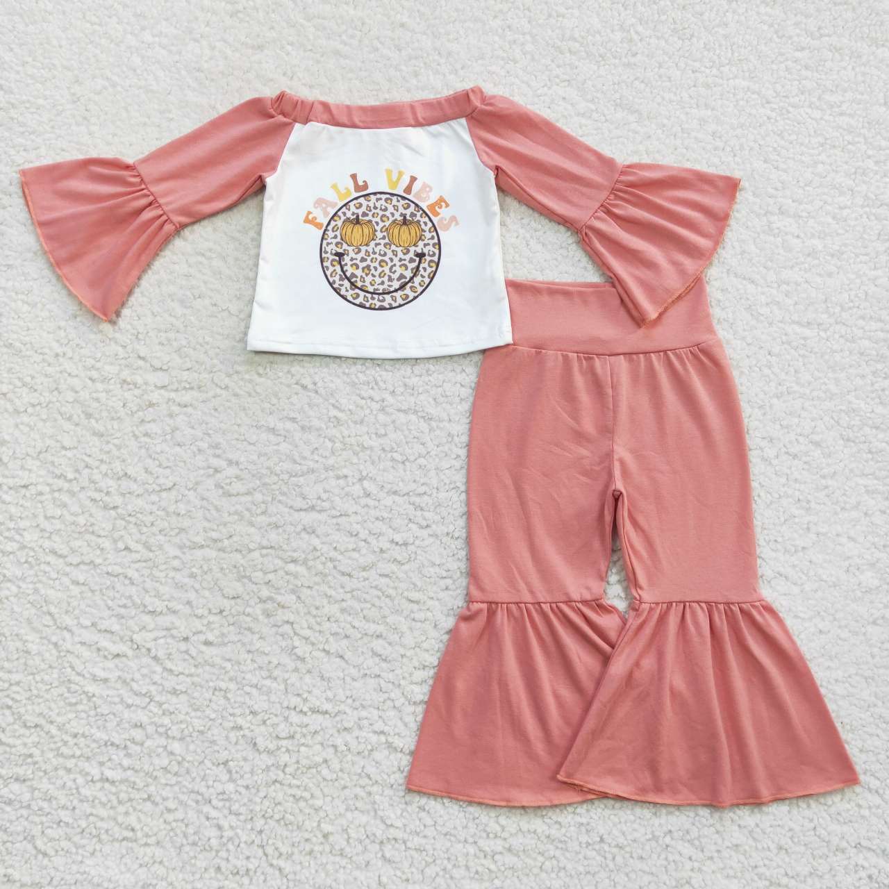 GLP0624 Halloween Pink Fall Vibes Leoaprd pumpkin With Bow 3Pcs Headband Girls Short Sleeve Bell Bottom Pants Outfits