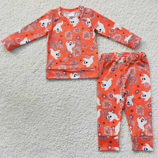 GLP0719 Halloween Orange Ghost Cartoon Girls Long Sleeve Pants Outfits Pajamas