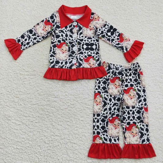 GLP0458  Christmas Red Leopard Santa  Collar Girls Long Sleeve Pajamas