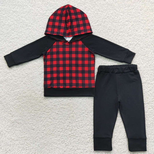 BLP0224 Red Black Plaid  Boys Long Sleeve Hoodies Outfits