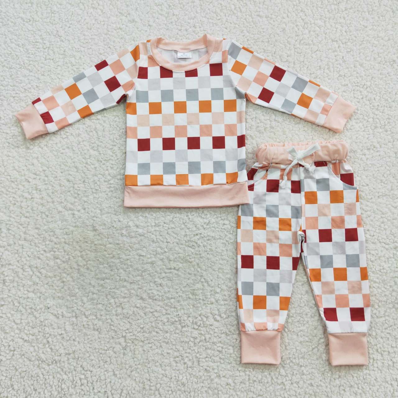 BLP0306  Pink Red Plaid  Boys Long Sleeve Pants Outfits Pajamas