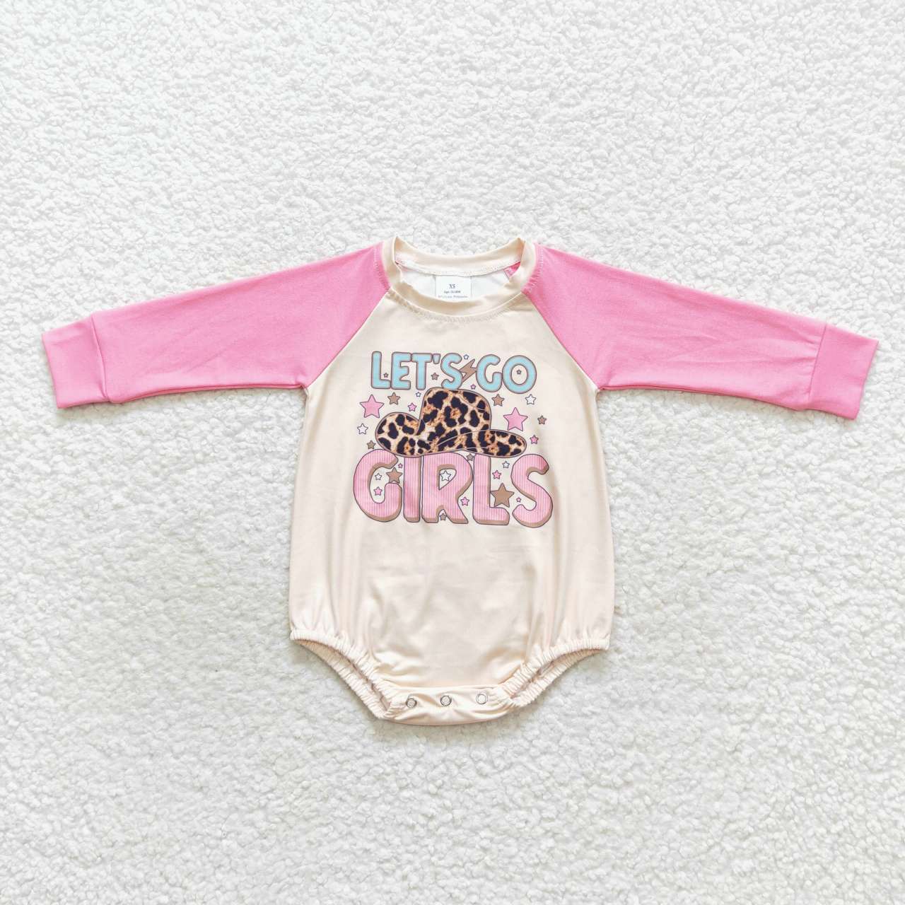 lr0574 Pink Cowboy Leopard Let's Go Hat Girls Long Sleeve Romper