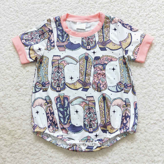 SR0437 Pink Cowboy Boots Girls Short Sleeve Romper