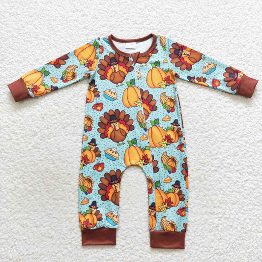 LR0581 Thanksgiving Turkey Pumpkin Zipper Boys Long Sleeve Romper