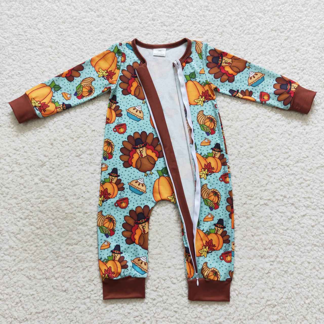 LR0581 Thanksgiving Turkey Pumpkin Zipper Boys Long Sleeve Romper