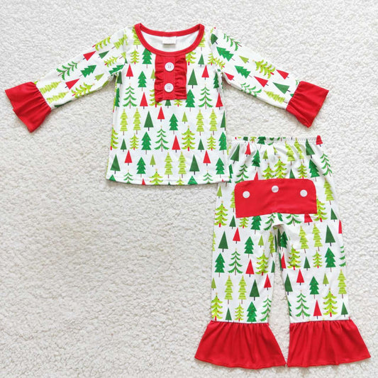 GLP0725 Christmas Red Green Tree Girls Long Sleeve Pants Outfits Pajamas