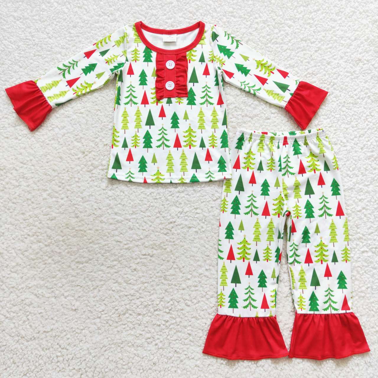 GLP0725 Christmas Red Green Tree Girls Long Sleeve Pants Outfits Pajamas