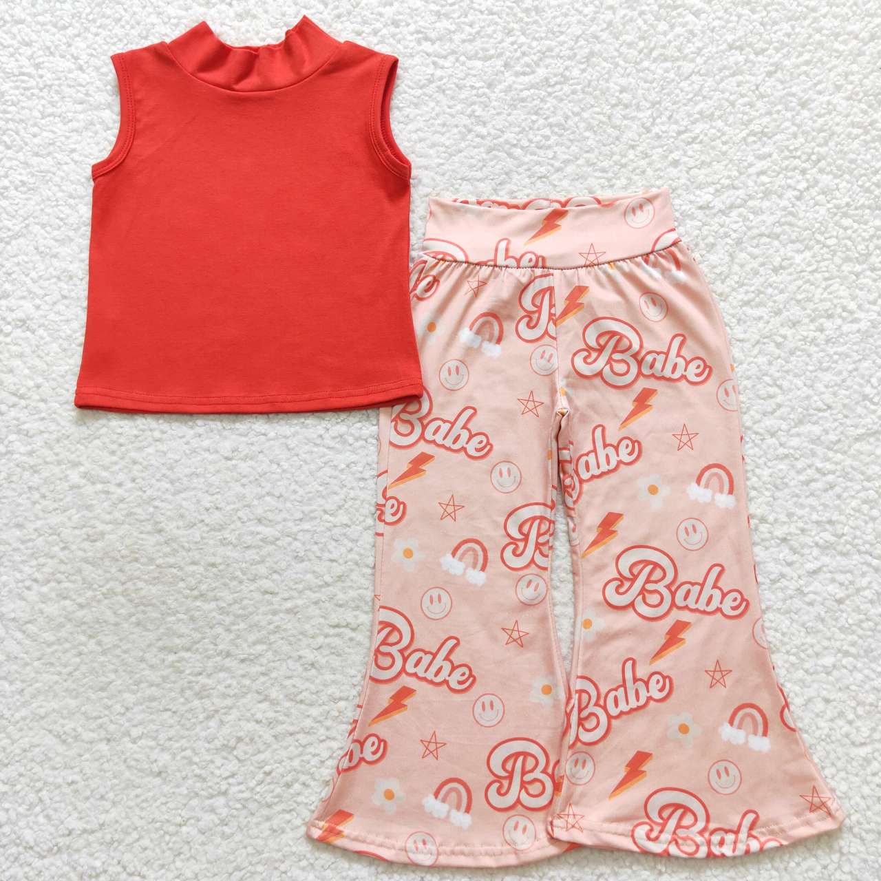 GSPO0636  Orange Pink Babe Girls Short Sleeve Bell Bottom Pants Outfits