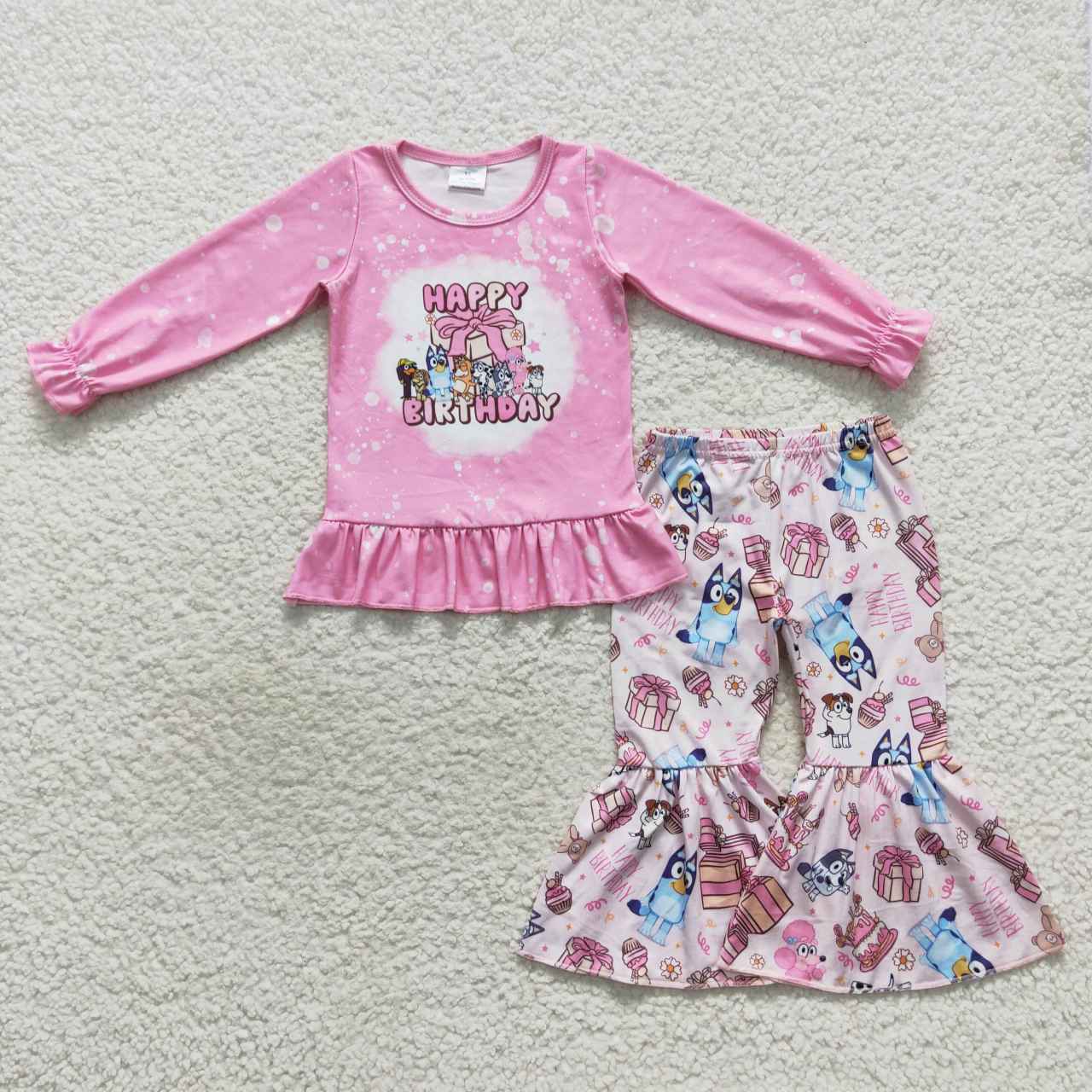 GLP0499 Happy Birthday Pink Blue Dog Cartoon Girls Long Sleeve Pants Outfits