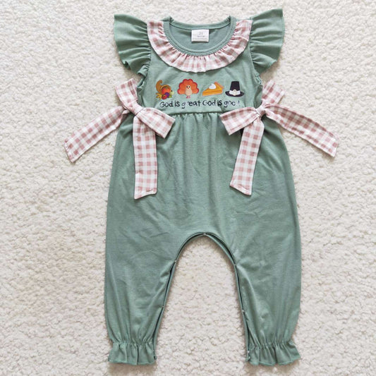 SR0438 Turkey Thanksgiving Green  Girls Short Sleeve Romper