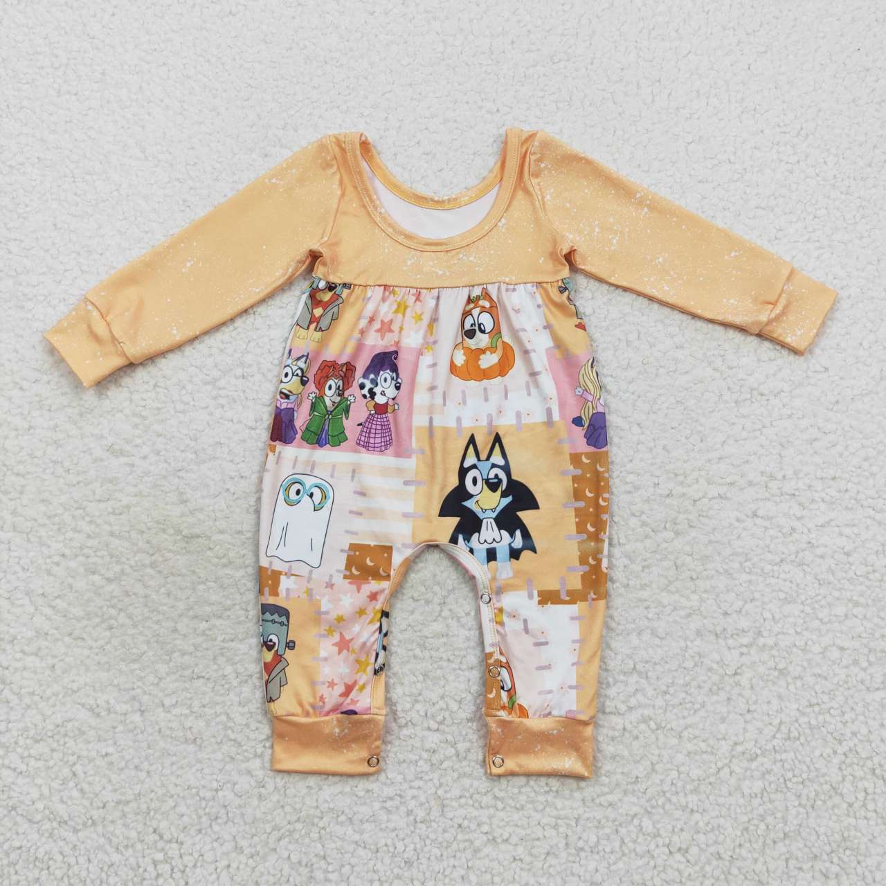 LR0637 Pumpkin Halloween Blue Dog Cartoon Girls Long Sleeve Romper