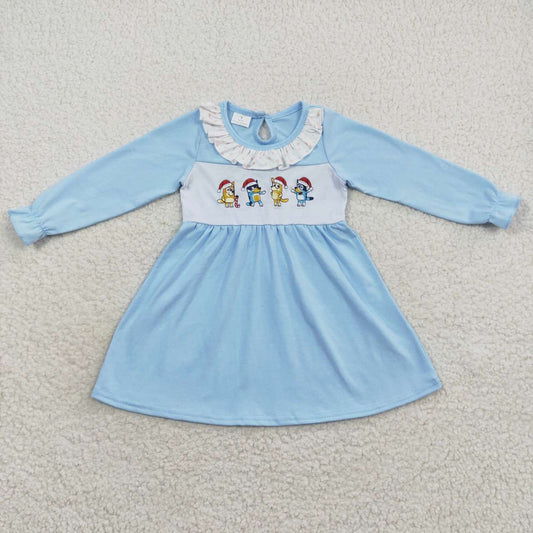 GLD0328 Christmas Blue Dog Cartoon Embroidery Girls Long Sleeve Dresses