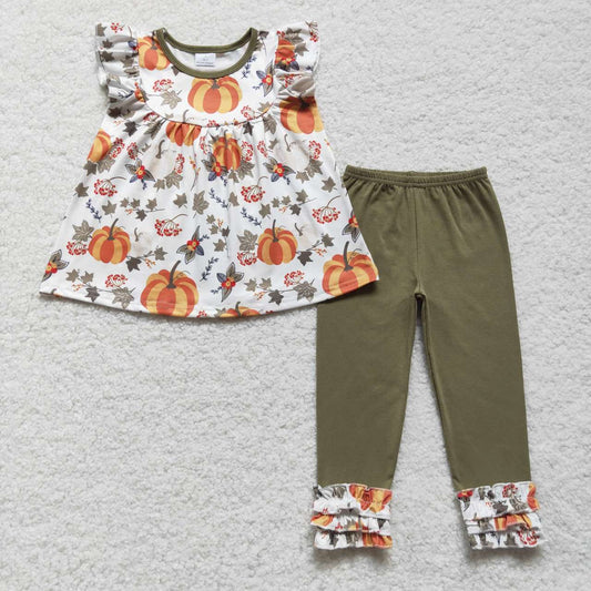 GSPO0837 Halloween Pumpkin Green Girls Short Sleeve Bell Bottom Pants Outfits