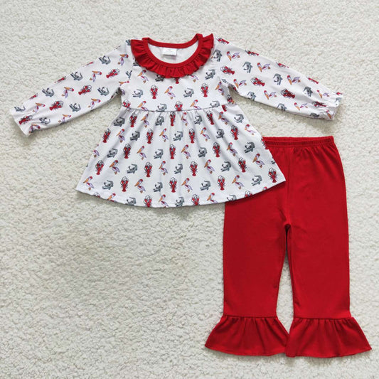 GLP0707 Crayfish Craw Red Tunic Girls Long Sleeve Pants Outfits